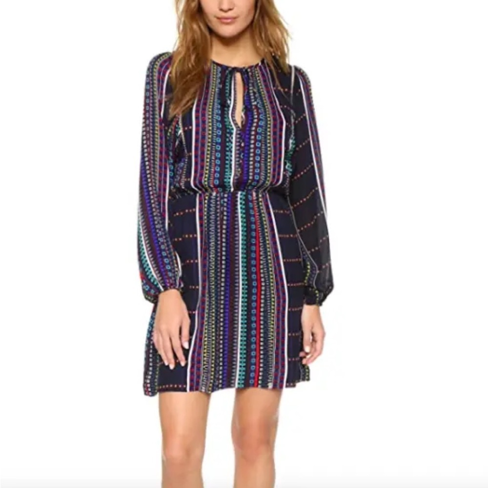 Parker Hedra Hammock Navy Blue Silk Geometric Long Balloon Sleeve Dress Medium